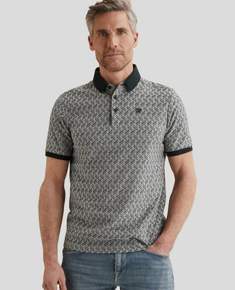 Knitted poloshirt jacquard print donkerblauw