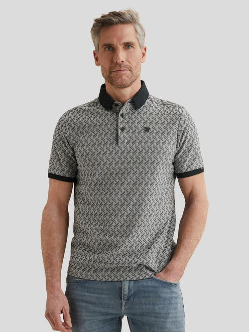 Knitted poloshirt jacquard print donkerblauw