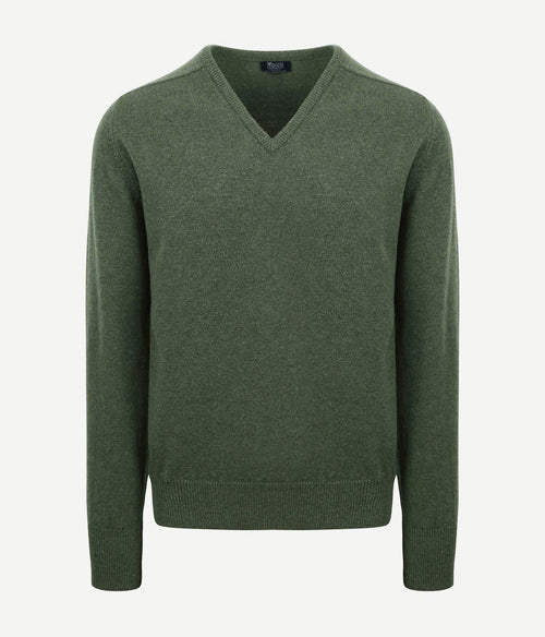 William Lockie trui lamswol v-hals olijfgroen | Regular-fit