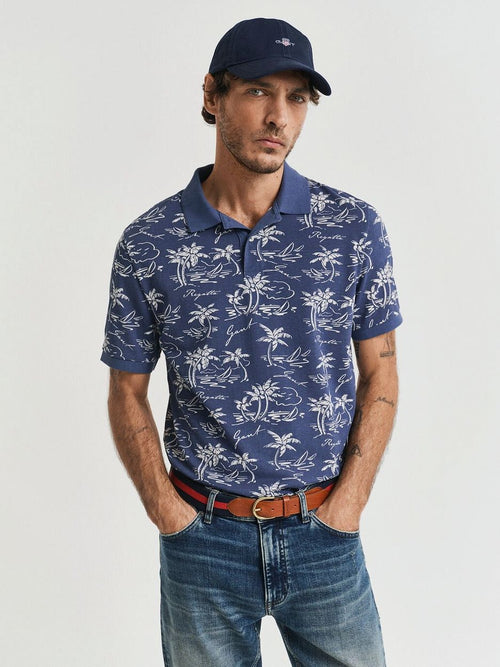 Poloshirt palm print dusty donkerblauw