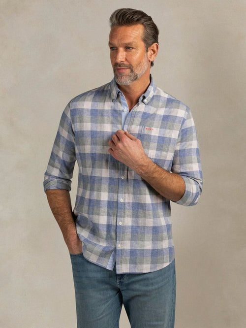 Shirt picton linnen blend ruit blauw
