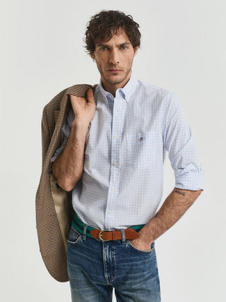 Overhemd gingham poplin college lichtblauw