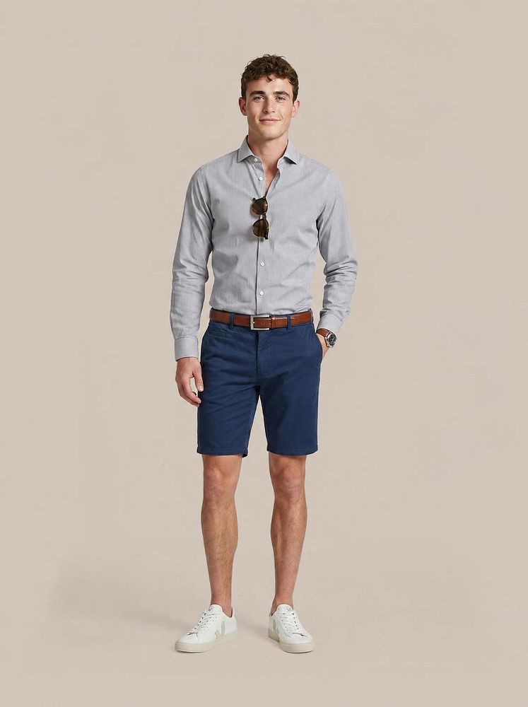 Overhemd streep donkerblauw met vitasu t-shirt v-hals wit (2-pack) en short boston donkerblauw