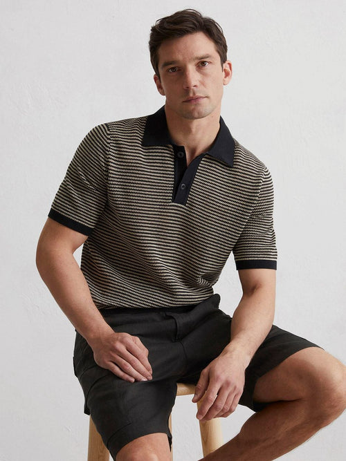 Knitted poloshirt strepen zwart beige