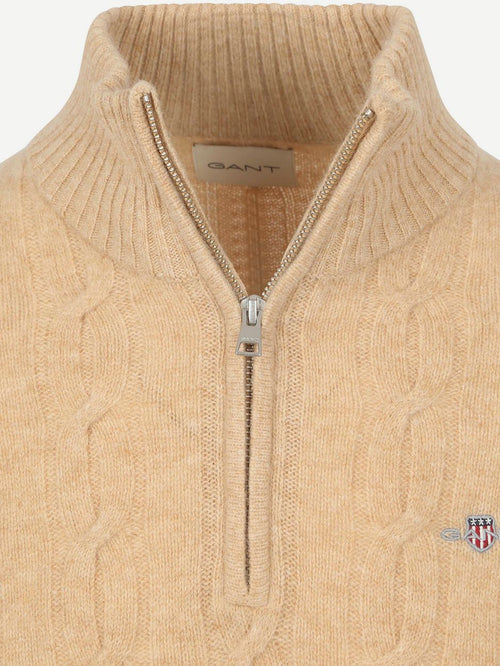 Halfzip lamswol trui cable beige
