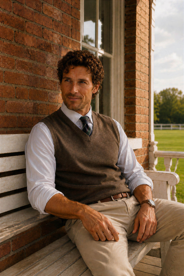 Preppy spencer, met wit shirt, das en lichte chino