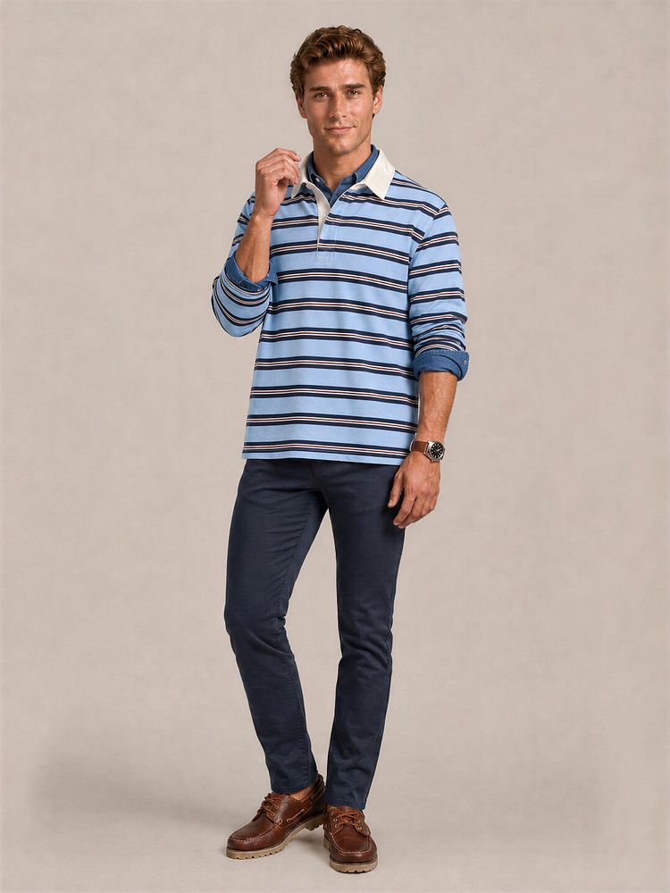 Look 579: Rugby polo streep blauw met Riem suede cognac, Broek bruno structured en Bootschoenen leer bruin