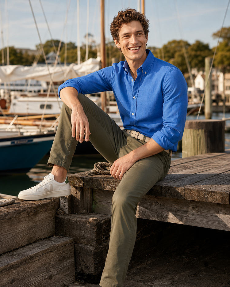 Overhemd linen cotton cobalt met riem suède leer wit, chino newbury light twill olijfgroen en sneakers v-82 pierre kiwi