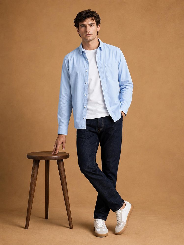 Sneakers park wit met The jason jeans donkerblauw, The steve t-shirt wit en The tommy overhemd lichtblauw
