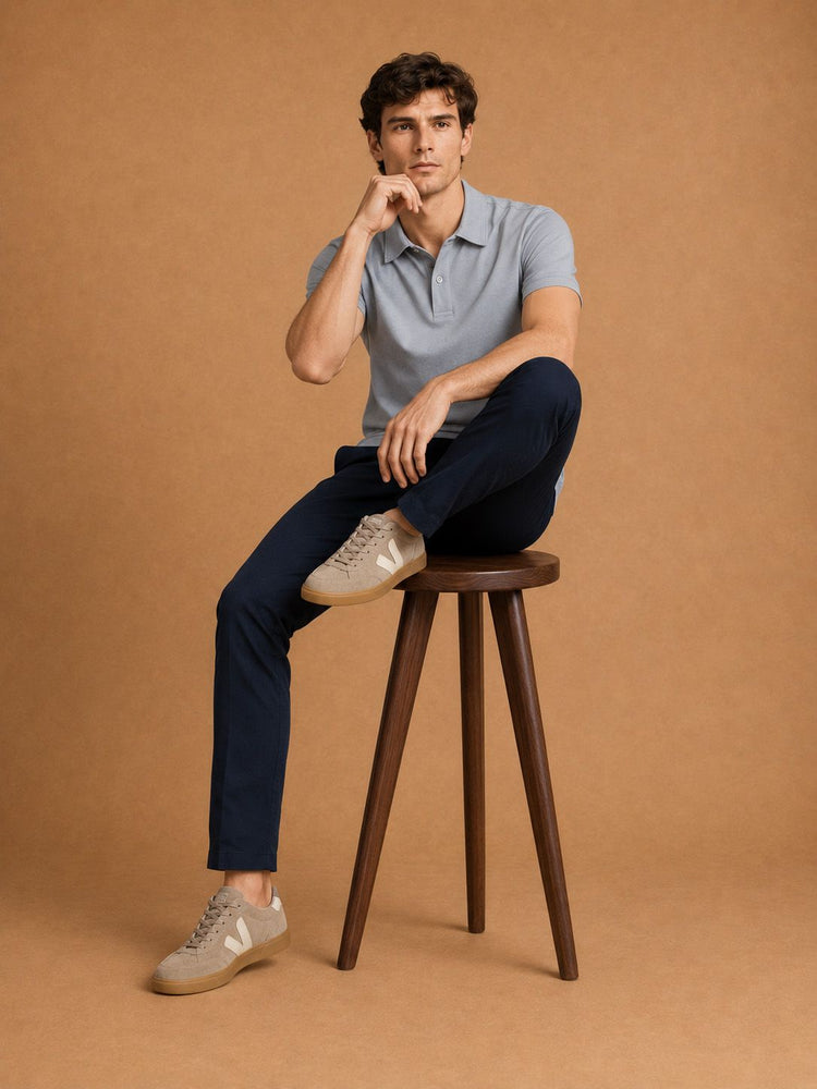 Sneakers campo taupe met Sneakersok (3-pack) wit, The James poloshirt grijs en The harry chino donkerblauw