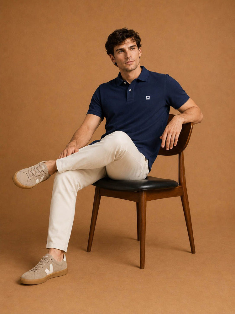 Sneakers campo taupe met Sneakersok (3-pack) wit, The harry chino ecru en The rene poloshirt donkerblauw