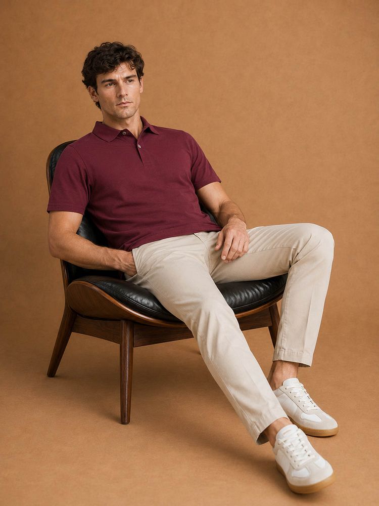 Sneakers park wit met Sneakersok (3-pack) wit, The James poloshirt burgundy en The harry chino beige