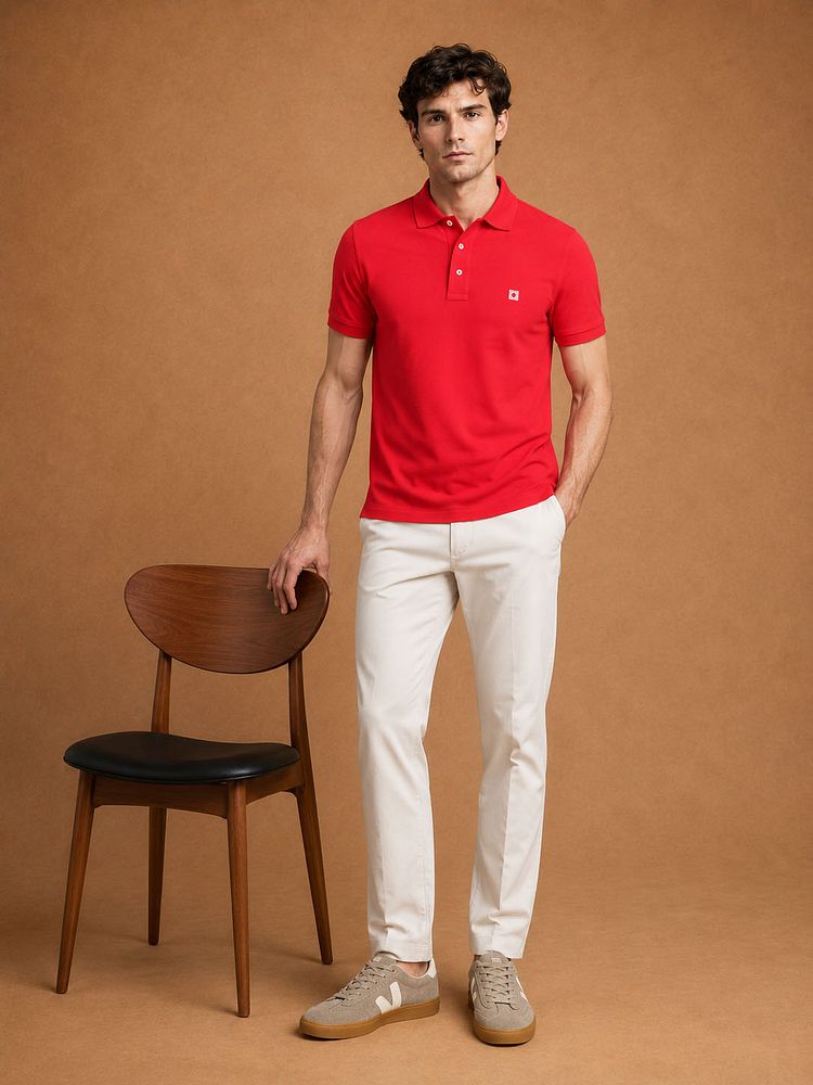 Sneakers campo taupe met Sneakersok (3-pack) wit, The harry chino ecru en The rene poloshirt rood