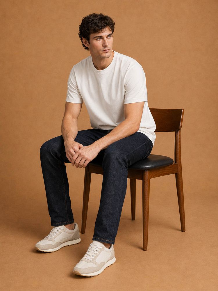 Sneakers city beige met Sneakersok (3-pack) wit, The jason jeans donkerblauw en The steve t-shirt lichtgrijs