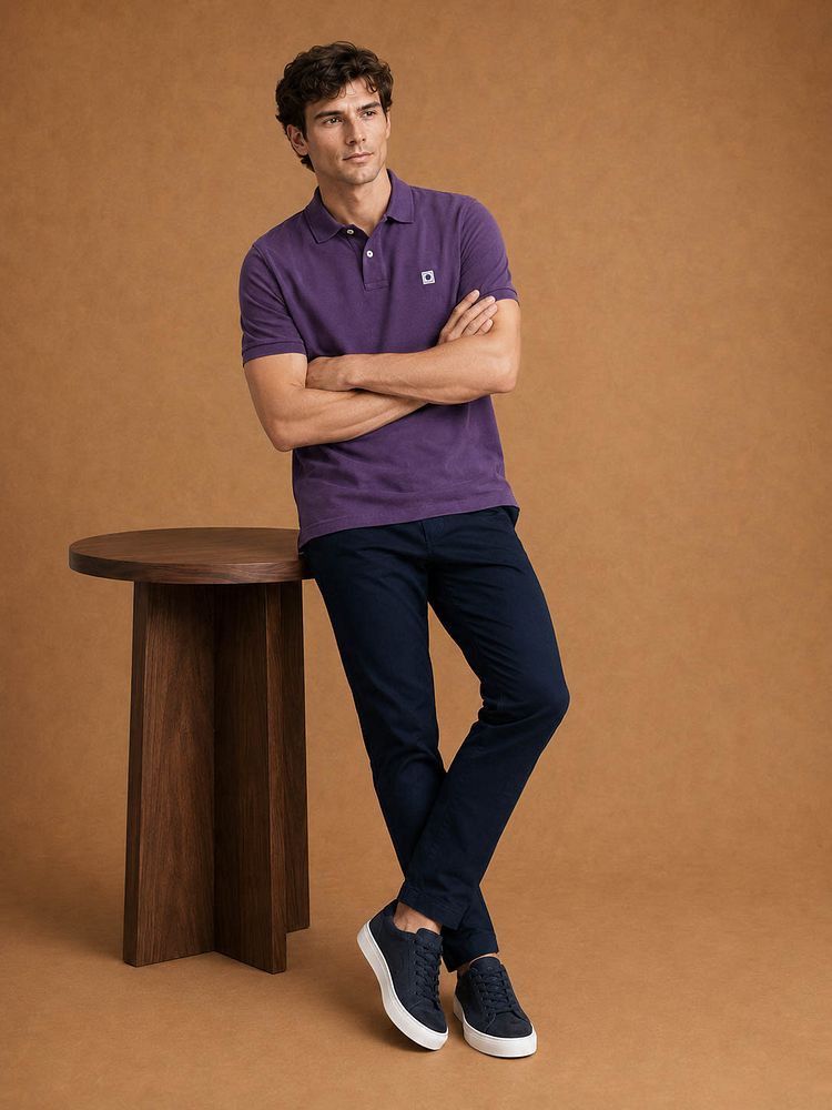 Nubuck skave sneaker donkerblauw met Sneakersok (3-pack) wit, The harry chino donkerblauw en The rene poloshirt paars