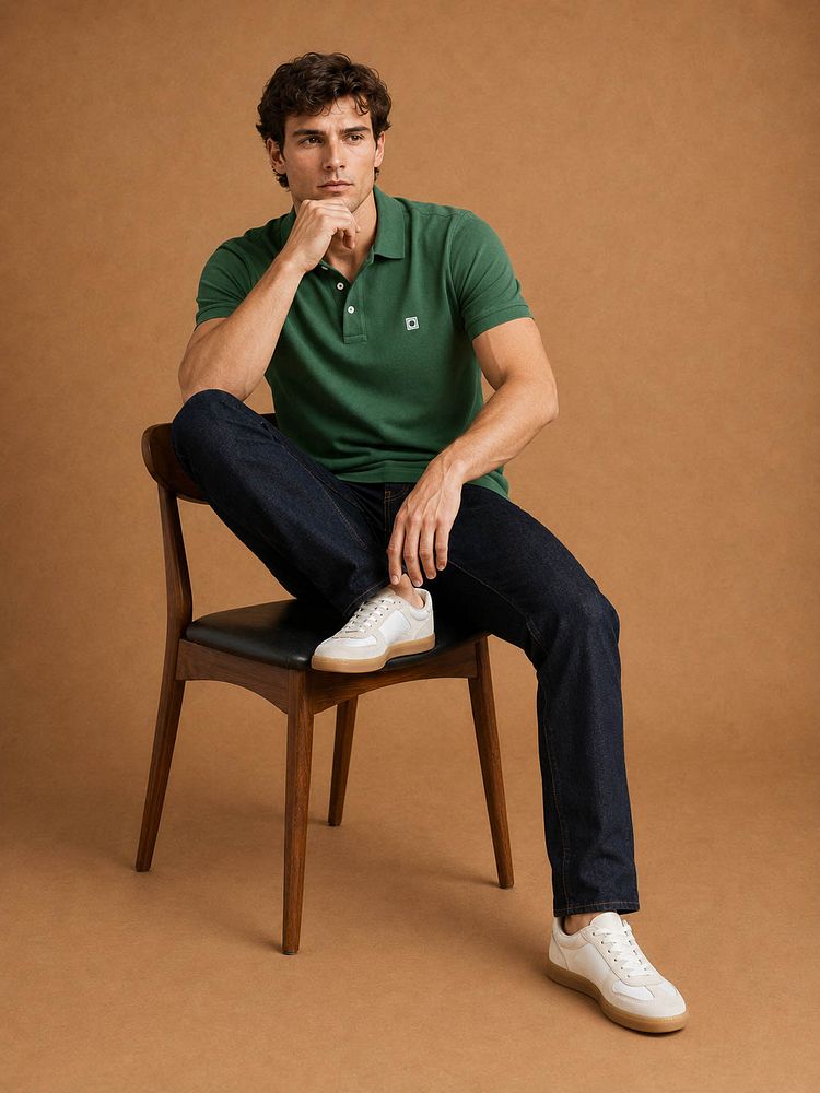 Sneakers park wit met Sneakersok (3-pack) wit, The jason jeans donkerblauw en The rene poloshirt mid groen
