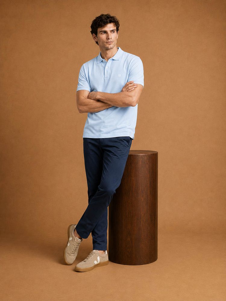 Sneakers campo taupe met Sneakersok (3-pack) wit, The harry chino mid blauw en The rene poloshirt lichtblauw
