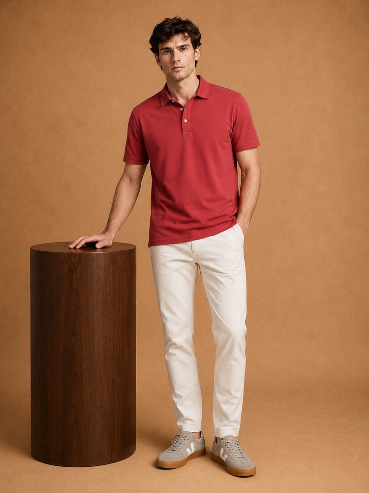Sneakers campo taupe met Sneakersok (3-pack) wit, The James poloshirt rood en The harry chino ecru