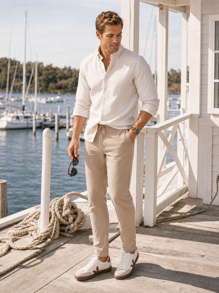 Overhemd linen cotton streep sand met chicago chino linen sand en sneakers volley beige