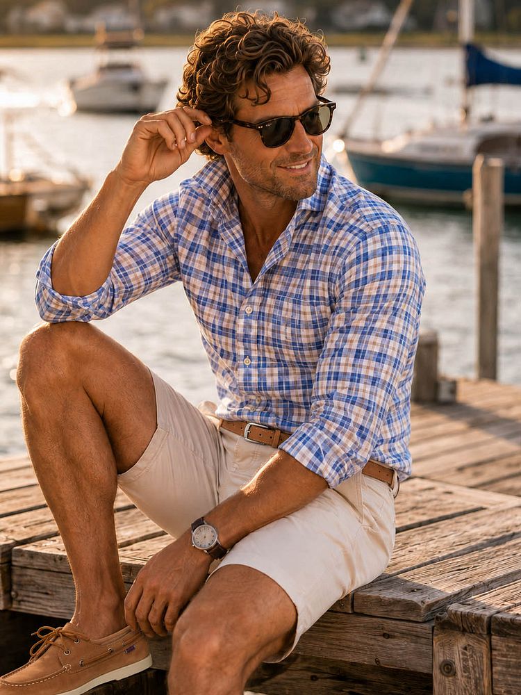 Overhemd linen cotton checks blauw sand met riem suède leer cognac en short boston kit