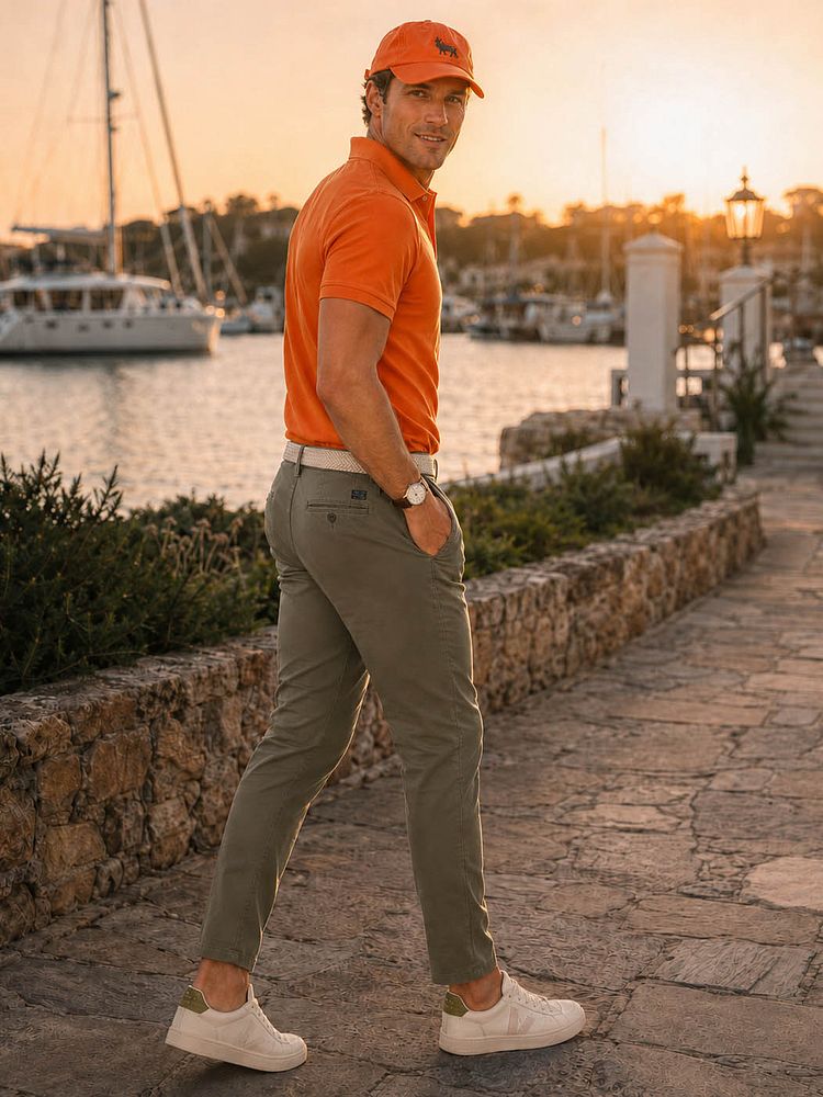 Pet oranje met polo piqué oranje, chino newbury light twill olijfgroen en sneakers v-82 pierre kiwi