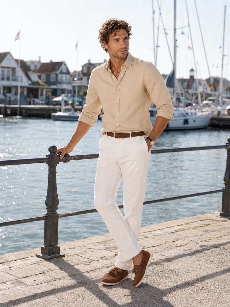 Overhemd linen cotton beige met riem suède leer cognac en chino portsmouth poplin ecru