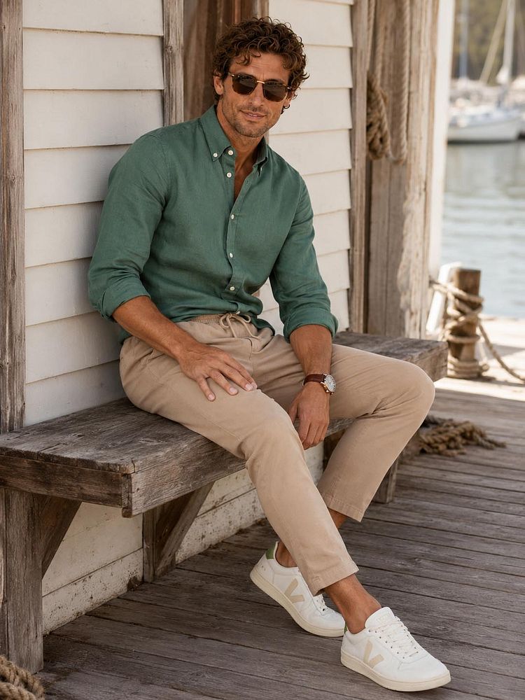 Overhemd linen cotton donkergroen met chicago chino linen sand en sneakers v-82 pierre kiwi