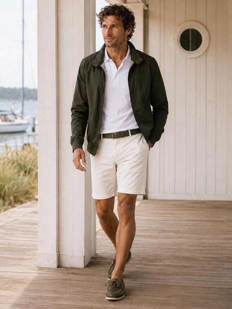 Bootschoenen portland groen met Polo piqué wit, Riem suède leer groen, Short boston kit en Turbo twill jacket donkergroen