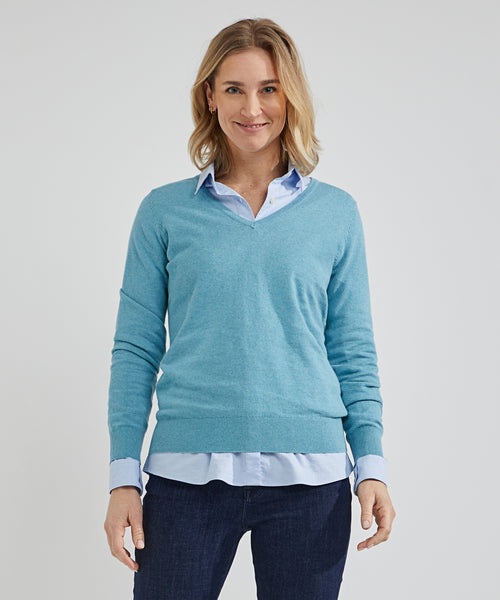 Trui cotton cashmere V-hals | Turquoise