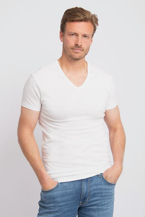 Alan Red Dean v-hals t-shirt wit (2-pack) | Slim-fit