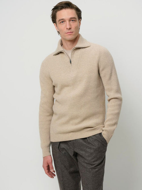 halve rits pullover wol sand