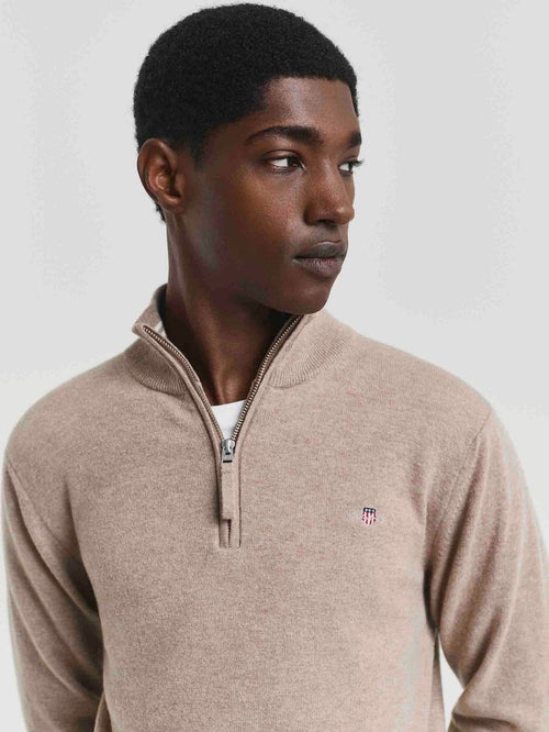 Halfzip wol trui logo beige