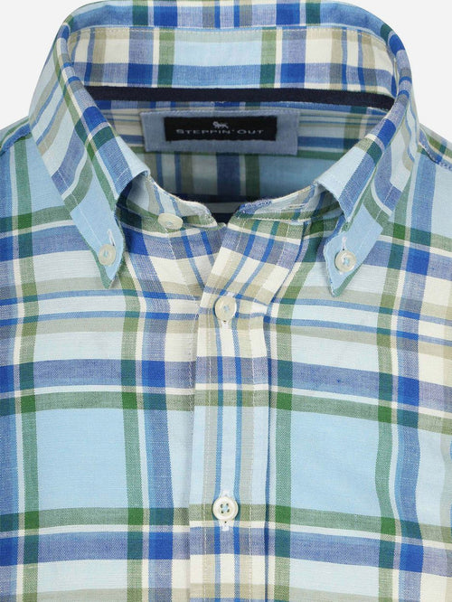 Overhemd linen cotton checks blauw groen