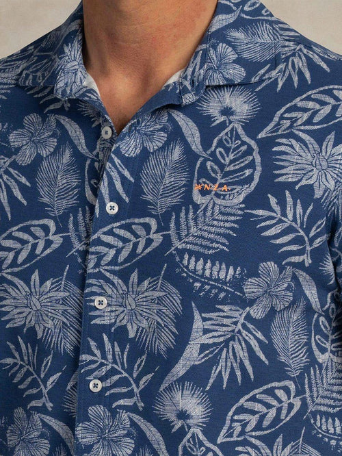 Overhemd short sleeve piqué flower print blauw