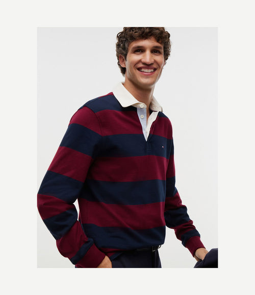 Rugby polo streep burgundy donkerblauw