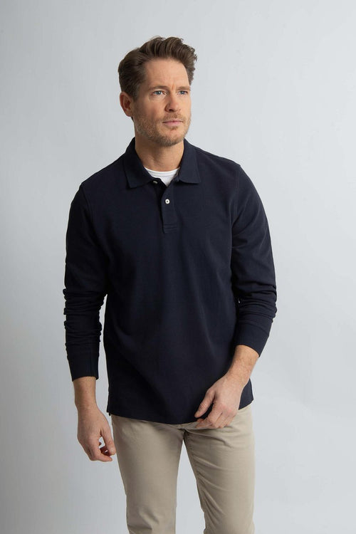 Longsleeve polo piqué classic donkerblauw