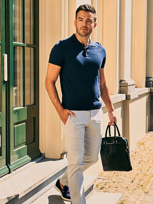 Knitted polo cotton linen donkerblauw