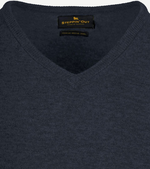 Pullover v-hals merinowol donkerblauw