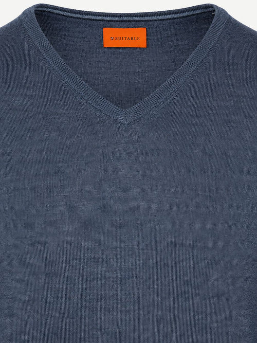 Merino pullover v-hals denim blauw