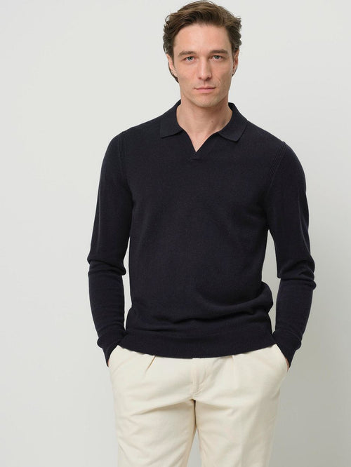 Longsleeve poloshirt wol blend donkerblauw