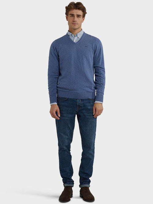 Trui merino blend v-hals vintage blauw