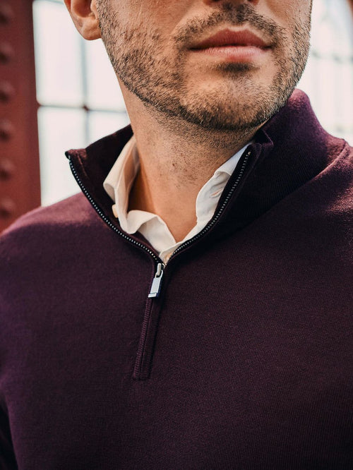 Merino halve rits trui bordeaux