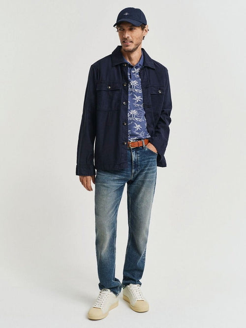Poloshirt palm print dusty donkerblauw