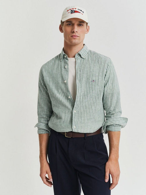Gant casual overhemd streep linnen groen | Regular-fit