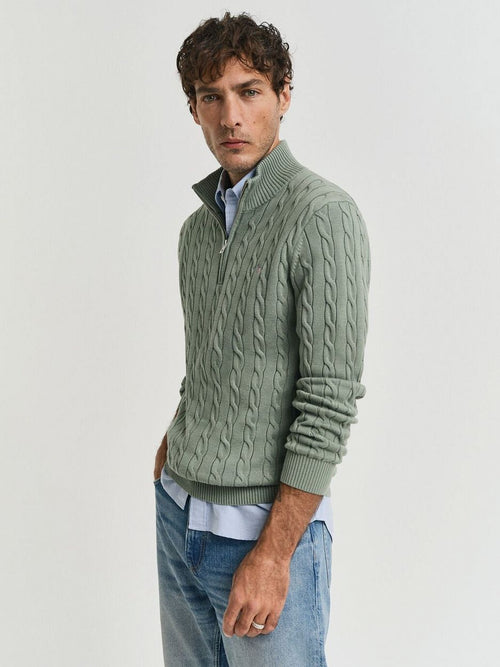 Gant half-zip pullover cable groen | Regular-fit