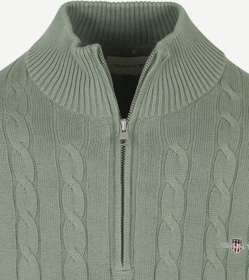 Gant half-zip pullover cable groen | Regular-fit