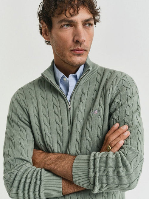 Gant half-zip pullover cable groen | Regular-fit