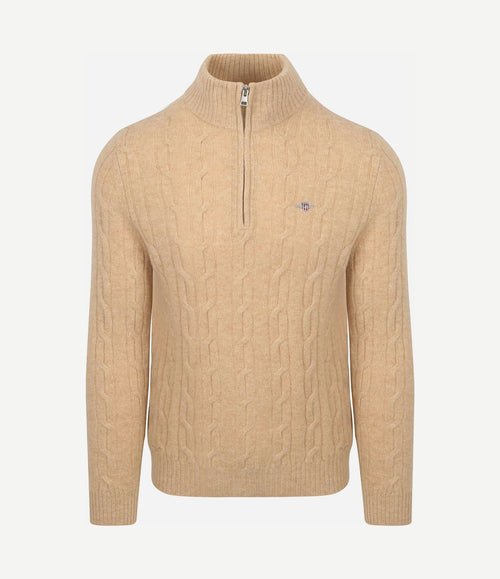 Halfzip lamswol trui cable beige