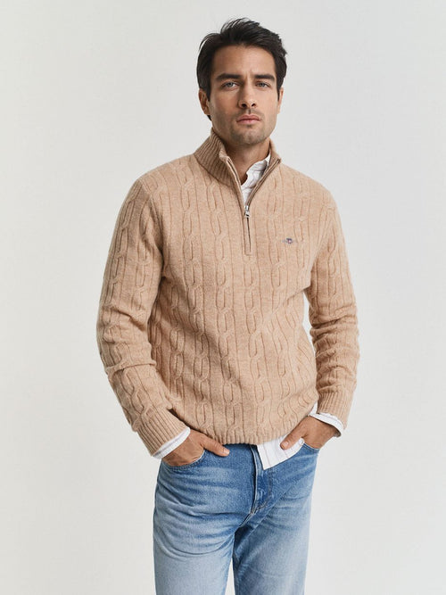 Halfzip lamswol trui cable beige