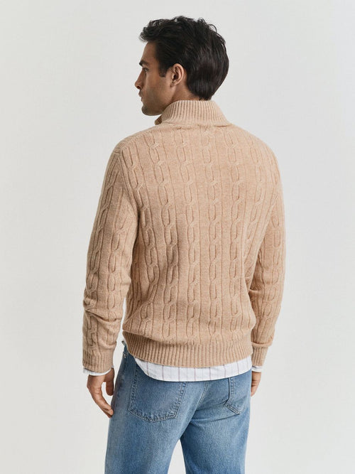 Halfzip lamswol trui cable beige